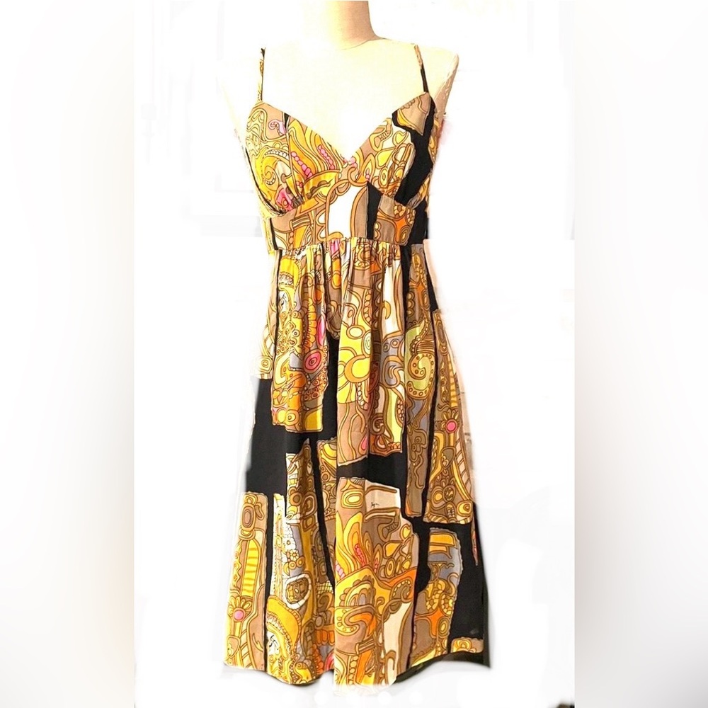 Vintage  Trina Turk Orange Yellow Sundress Sleeveless Spaghetti Strap